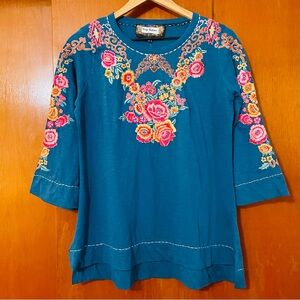 Vintage Collection Floral Embroidered Tunic Top Teal